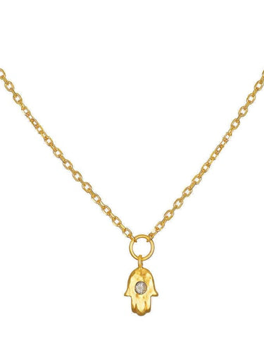 Gold necklace with a hamsa hand pendant on a white background